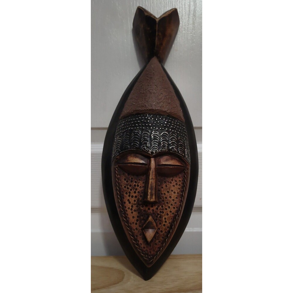 Hand-Carved African Wall Mask – Teardrop Shape w/ Textured Metal Accents -Ghana